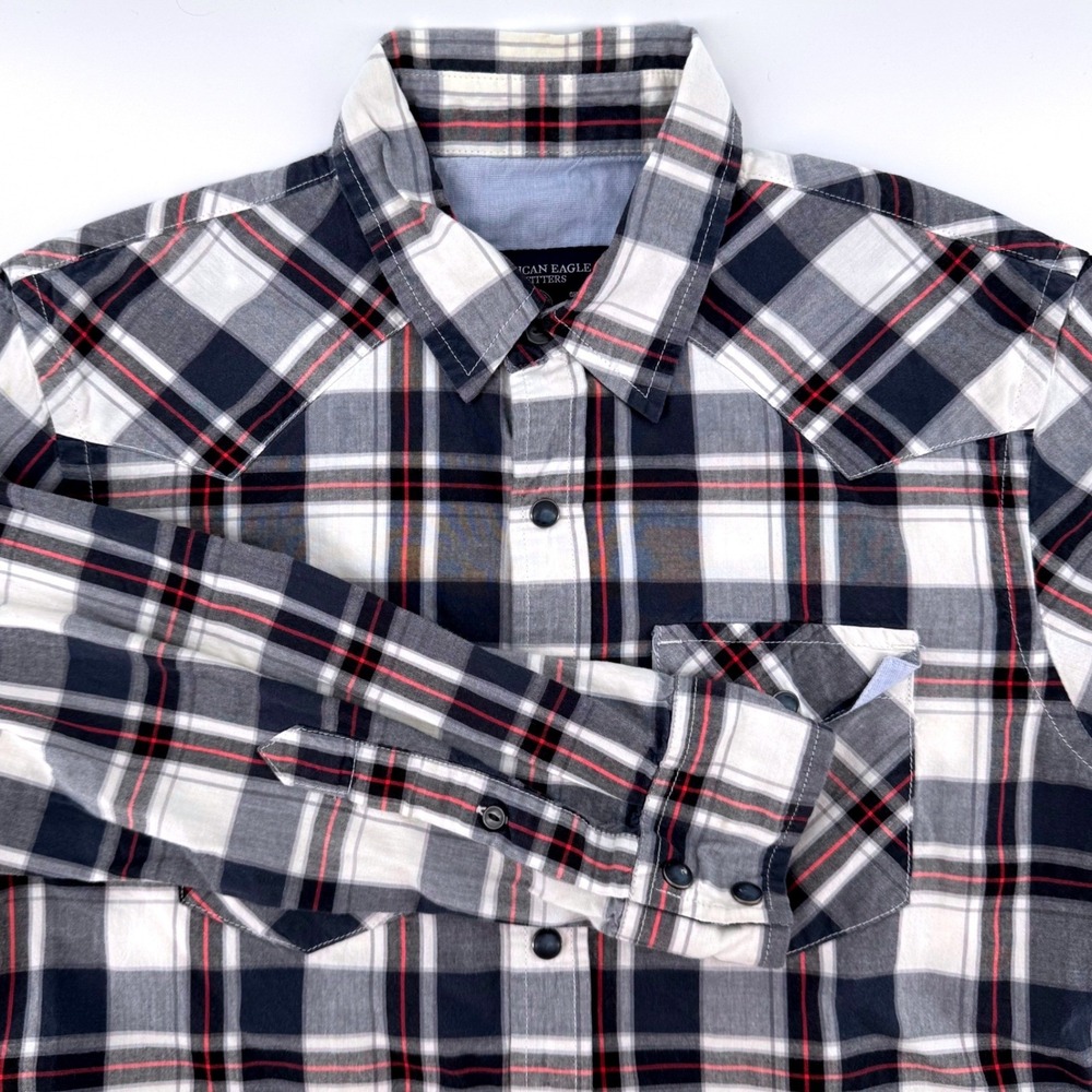 American Eagle Western Plaid Shirt Mens XS Navy White Red Vintage Fit Snap Front